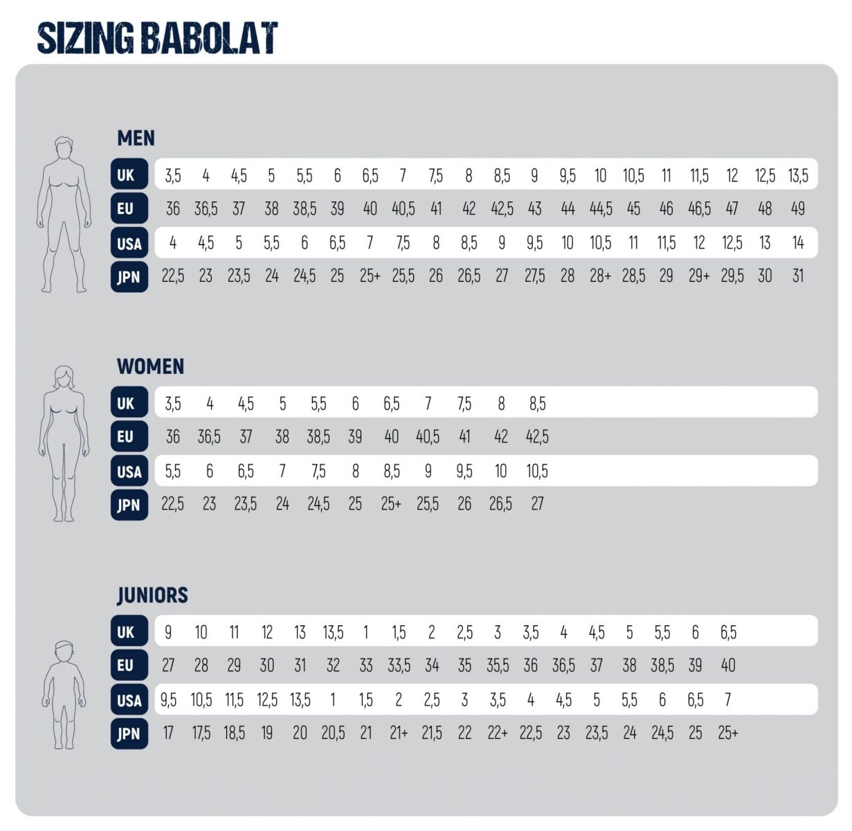 bảng size giày tennis Babolat